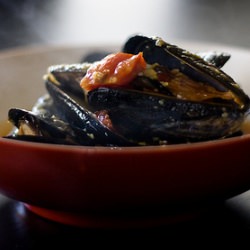 Mussels in Chorizo Polenta Broth