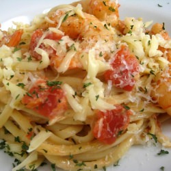 Shrimp and Pasta in a Tomato-Chile