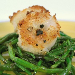 Fried Scallops over Sea Beans