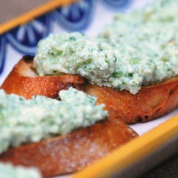 Ricotta-Garlic Scape Pesto Crostini