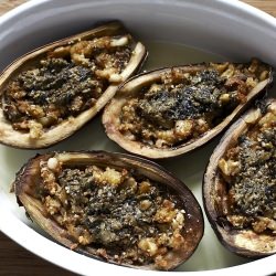 Herb Stuffed Eggplant with Pesto