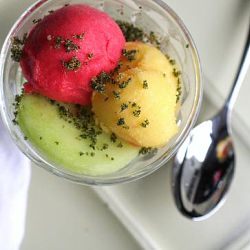 Raspberry, Mango Sorbets/Mint Sugar