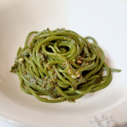 Matcha Tea Noodles with Basil Cream