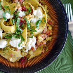 Pasta with Corn, Burrata, Pancetta