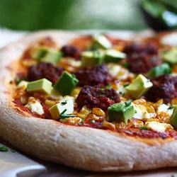 Corn Chorizo Pizza with Goat Cheese