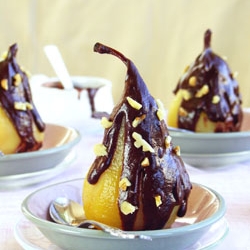 Spiced Poached Pear w/ Choc Sauce