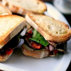 Garlic Soup & Eggplant Sandwiches