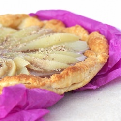 Amaretto Poached Pear Gianduja Tart