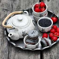 Black Sesame & Cherry Macarons