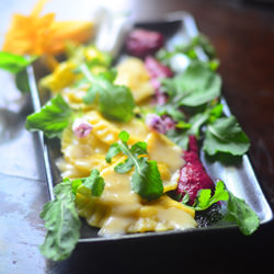 Gruyere Fondue Ravioli with Beet