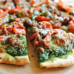 Sausage, Pepper and Pesto Pizza