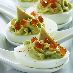 Avocado Deviled Eggs with Salmon Roe