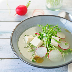 Tofu Soup with Pea Shoots & Radish