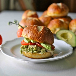 Pesto Chicken Salad on Pretzel Buns