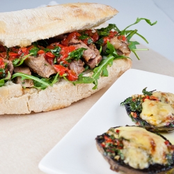 Steak Sarnie and Cheesy Mushrooms