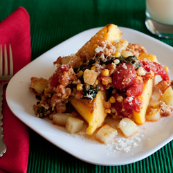 Fried Polenta with Sausage Stew