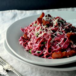 Beet Pasta Carbonara w Peas & Bacon