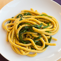 Turmeric bucatini with garlic chive