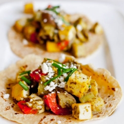 Red pepper, eggplant, & tofu tacos