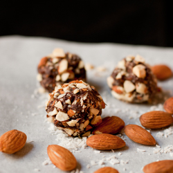 Vegan Almond, Date, Chocolate + Coconut Truffles