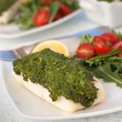 Halibut with Kale Pistachio Pesto