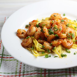 Orange shrimp with squash “noodles”