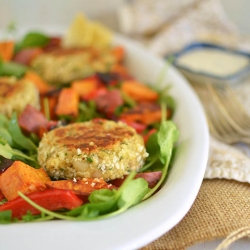 Fish Cakes over Roasted Veg Salad