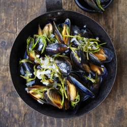 Steamed Mussels with Hop Shoots