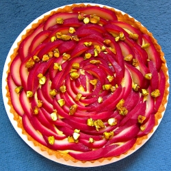 Rosy Poached Pear and Pistachio Tart