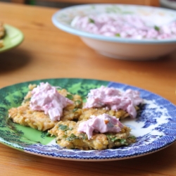 Chickpea Fritters w/ Beet Tzatziki