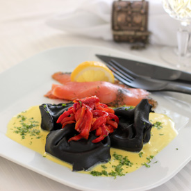 Salmon Stuffed Squid Ink Ravioli