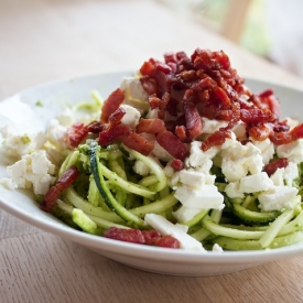 Squashgetti + Pesto, Feta and Bacon