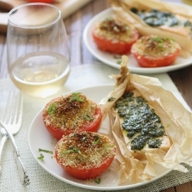 Pesto Salmon & Baked Tomatoes