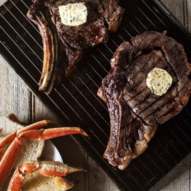 Grilled Rib Eyes & Snow Crab