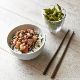 Steamed Rice, Salmon and Soy Beans