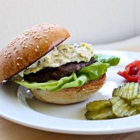 Pub Burger with Artichoke Feta Dip