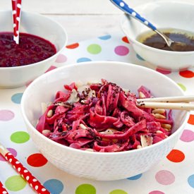 Beetroot Noodles with Olive Sauce