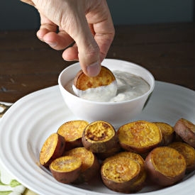 Sweet Potato “Gelt” with Sour Cream