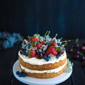 Sponge Cake with Berries & Cherries