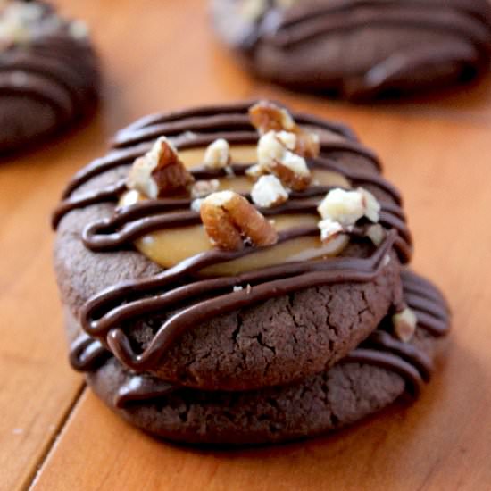 Chocolate Turtle Thumbprint Cookies