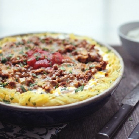 Cheesy Chili Spaghetti Squash Bake