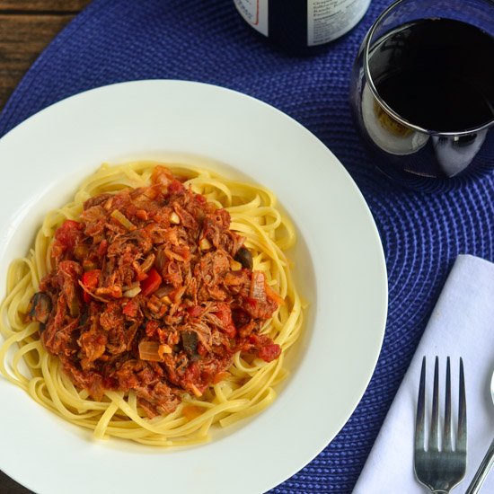 Brisket & bacon ragu over linguine