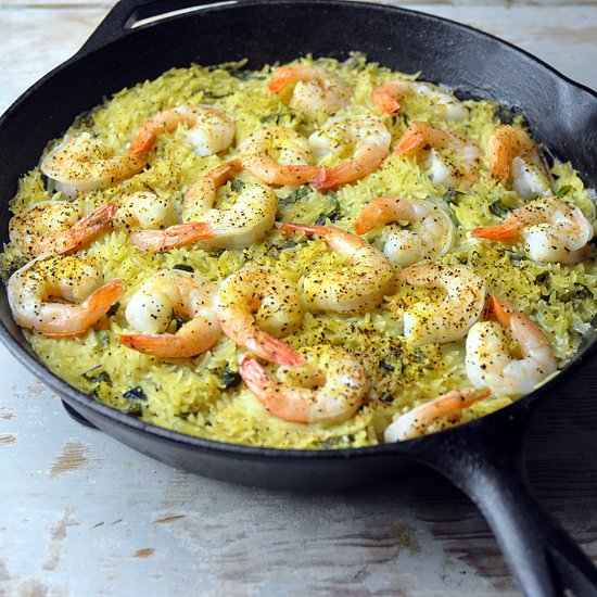 Lemon Orzo Shrimp Skillet