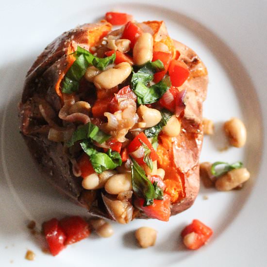 Sweet potatoes with warm bean salad