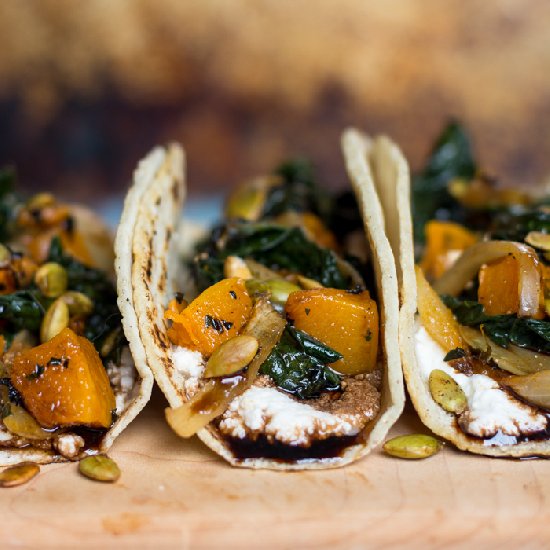 Pumpkin, Charred Kale & Onion Tacos