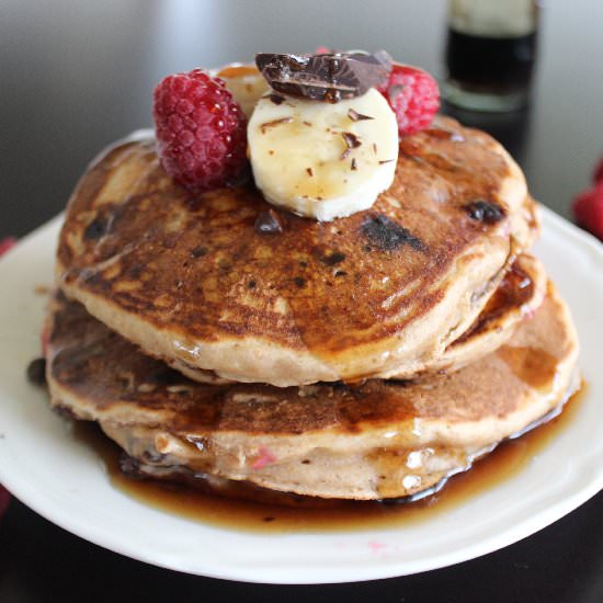 Banana Chocolate Raspberry Pancakes