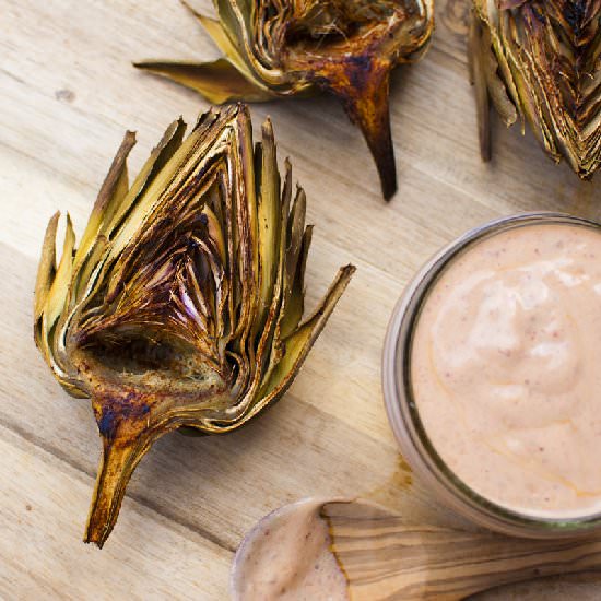 Roasted Artichokes with Vegan Dip