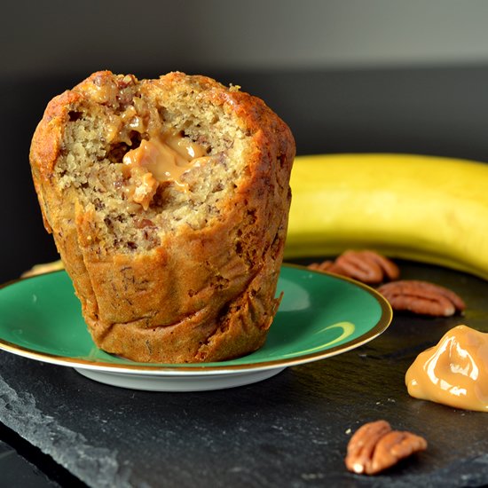 Banana Muffins w/ Caramel & Pecans