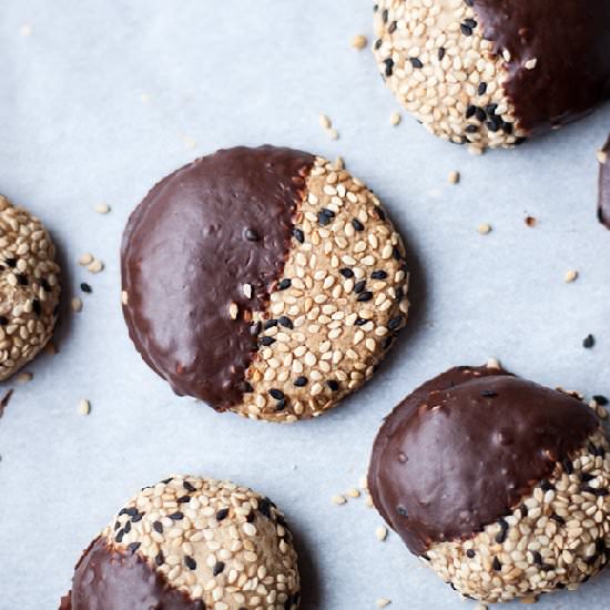 Chocolate Dipped Tahini Cookies