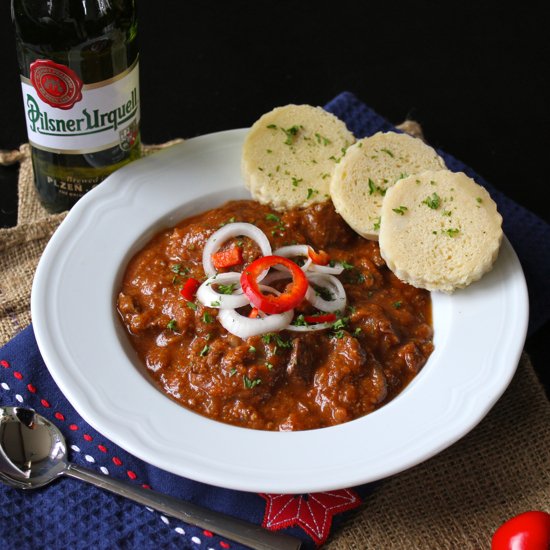 Czech Guláš Served with Knedlicky